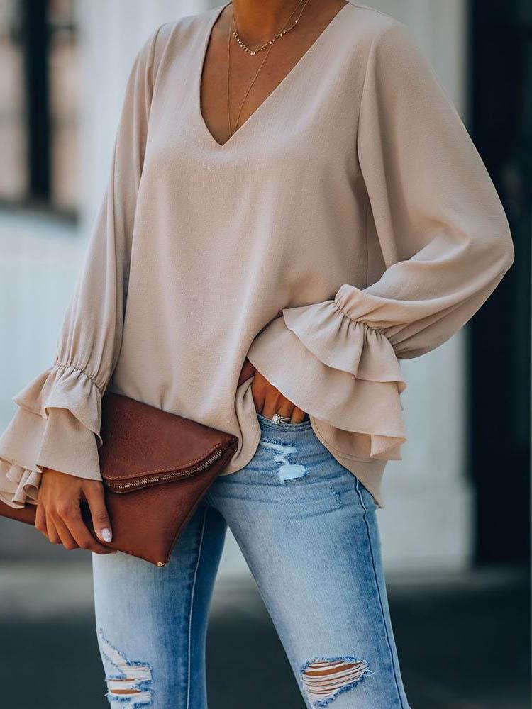 Plain Ruffles Poet Sleeve Casual Top - Blouses - INS | Online Fashion Free Shipping Clothing, Dresses, Tops, Shoes - 30/04/2021 - BLO210430024 - Blouses