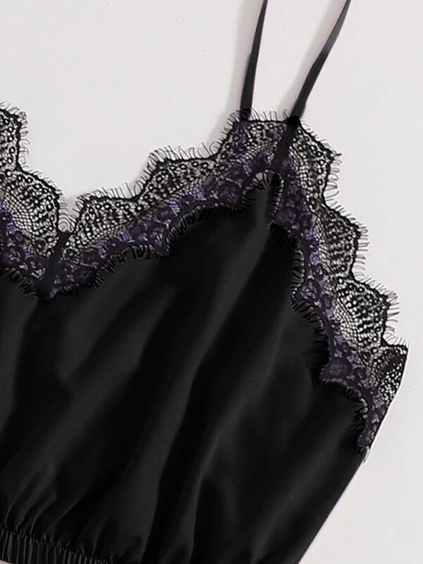 Plus Contrast Lace Bow Front PJ Set - INS | Online Fashion Free Shipping Clothing, Dresses, Tops, Shoes