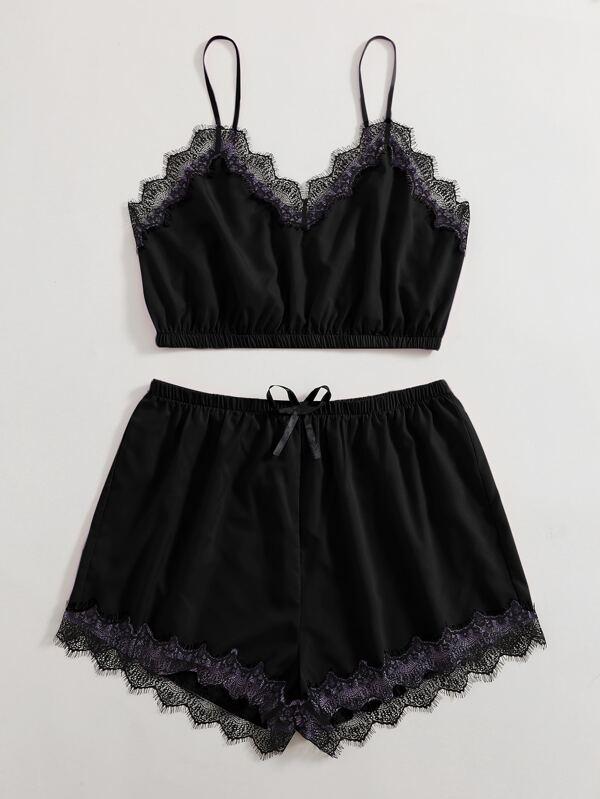Plus Contrast Lace Bow Front PJ Set - INS | Online Fashion Free Shipping Clothing, Dresses, Tops, Shoes