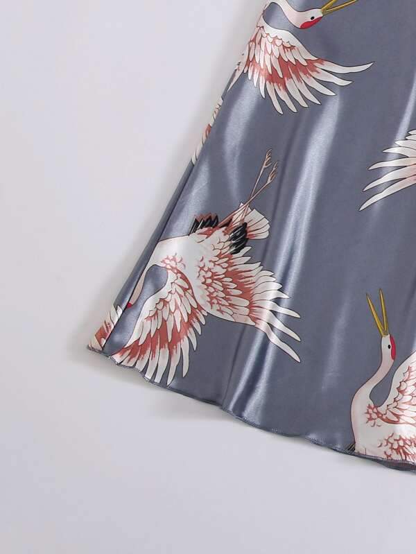 Plus Crane Print Satin Night Dress - INS | Online Fashion Free Shipping Clothing, Dresses, Tops, Shoes