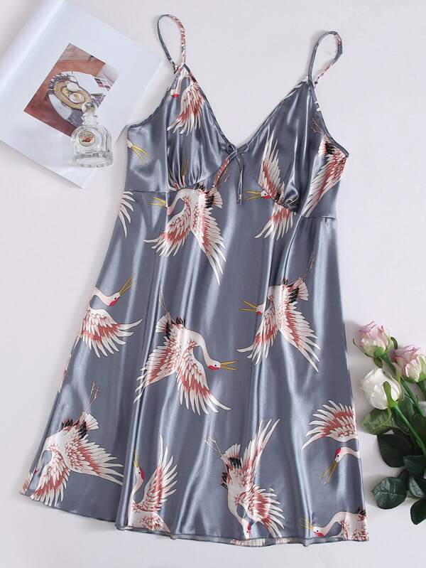 Plus Crane Print Satin Night Dress - INS | Online Fashion Free Shipping Clothing, Dresses, Tops, Shoes