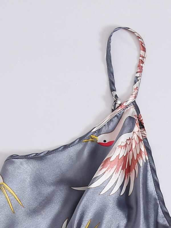 Plus Crane Print Satin Night Dress - INS | Online Fashion Free Shipping Clothing, Dresses, Tops, Shoes