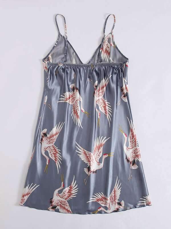 Plus Crane Print Satin Night Dress - INS | Online Fashion Free Shipping Clothing, Dresses, Tops, Shoes