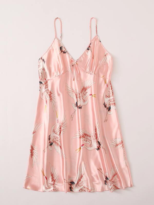 Plus Crane Print Satin Slip Dress - INS | Online Fashion Free Shipping Clothing, Dresses, Tops, Shoes