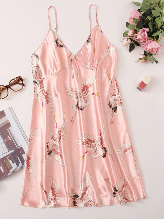 Plus Crane Print Satin Slip Dress - INS | Online Fashion Free Shipping Clothing, Dresses, Tops, Shoes