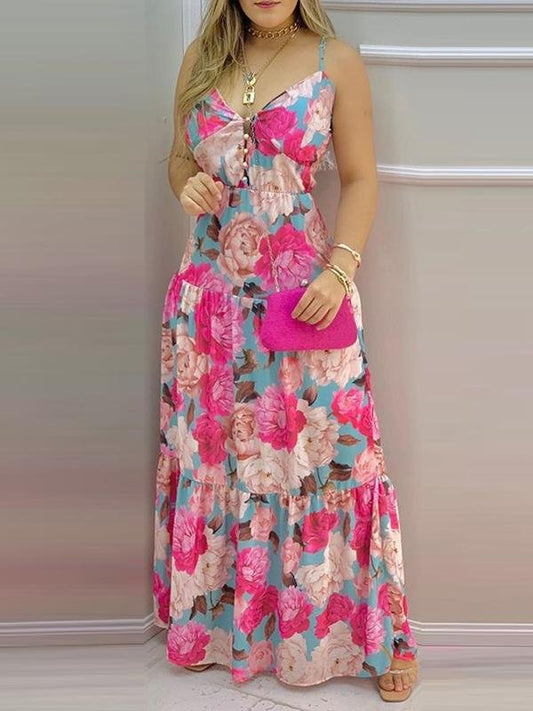 Plus Flower Print Deep V Neck Sling Maxi Dress - Maxi Dresses - INS | Online Fashion Free Shipping Clothing, Dresses, Tops, Shoes - 20/04/2021 - Color_ Blue - Color_Green