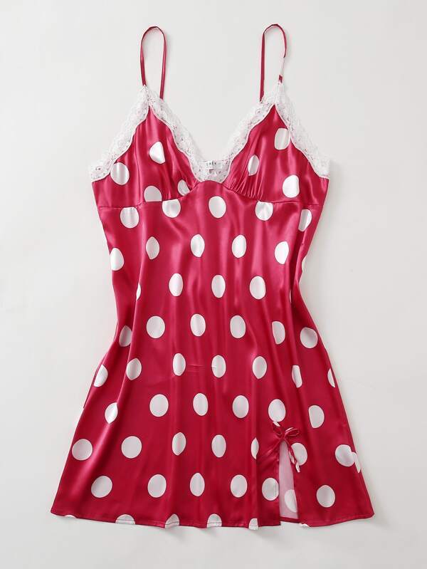 Plus Lace Panel Polka Dot Satin Cami Night Dress - INS | Online Fashion Free Shipping Clothing, Dresses, Tops, Shoes