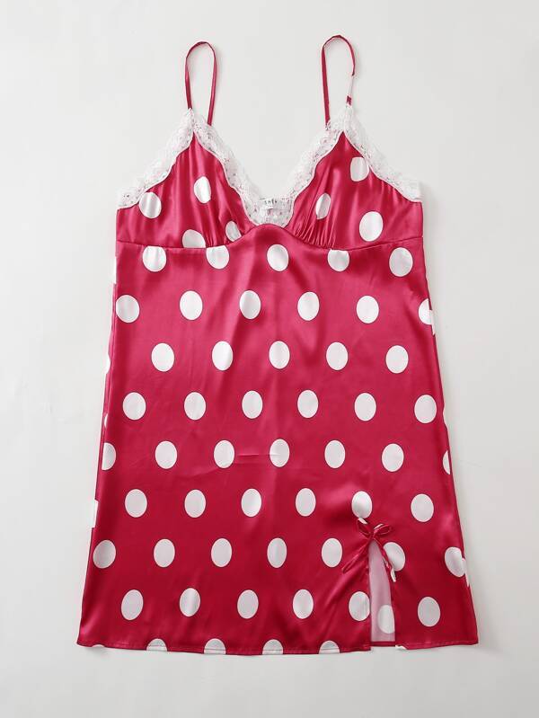 Plus Lace Panel Polka Dot Satin Cami Night Dress - INS | Online Fashion Free Shipping Clothing, Dresses, Tops, Shoes