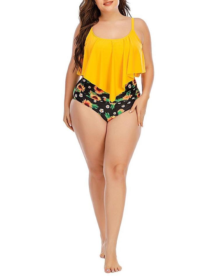 Plus Size Sunflower Printed Swimsuit High Waist Two-piece Swimsuit - Plus Swimsuits - INS | Online Fashion Free Shipping Clothing, Dresses, Tops, Shoes - 22/04/2021 - Color_Black - Color_Yellow