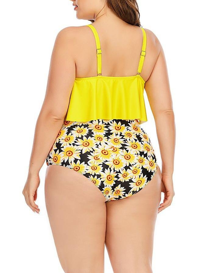 Plus Size Sunflower Printed Swimsuit High Waist Two-piece Swimsuit - Plus Swimsuits - INS | Online Fashion Free Shipping Clothing, Dresses, Tops, Shoes - 22/04/2021 - Color_Black - Color_Yellow