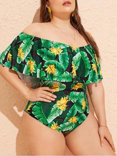 Plus Size Tropical Print Off-shoulder One-piece Swimsuit - Plus Swimsuits - INS | Online Fashion Free Shipping Clothing, Dresses, Tops, Shoes - 22/04/2021 - Color_Green - Plus Swimsuits
