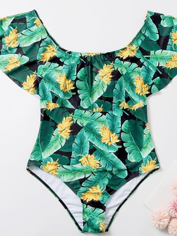 Plus Size Tropical Print Off-shoulder One-piece Swimsuit - Plus Swimsuits - INS | Online Fashion Free Shipping Clothing, Dresses, Tops, Shoes - 22/04/2021 - Color_Green - Plus Swimsuits