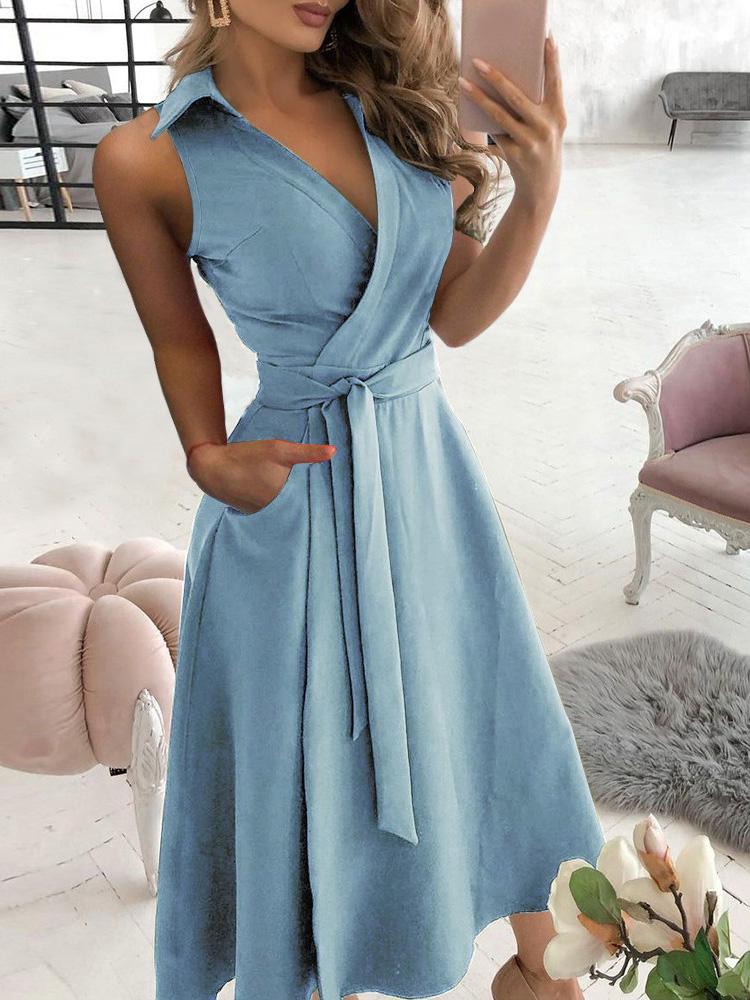 Pocket Design Sleeveless Wrap Shirt Dress With Belt - Midi Dresses - INS | Online Fashion Free Shipping Clothing, Dresses, Tops, Shoes - 30/04/2021 - Color_Army Green - Color_Blue