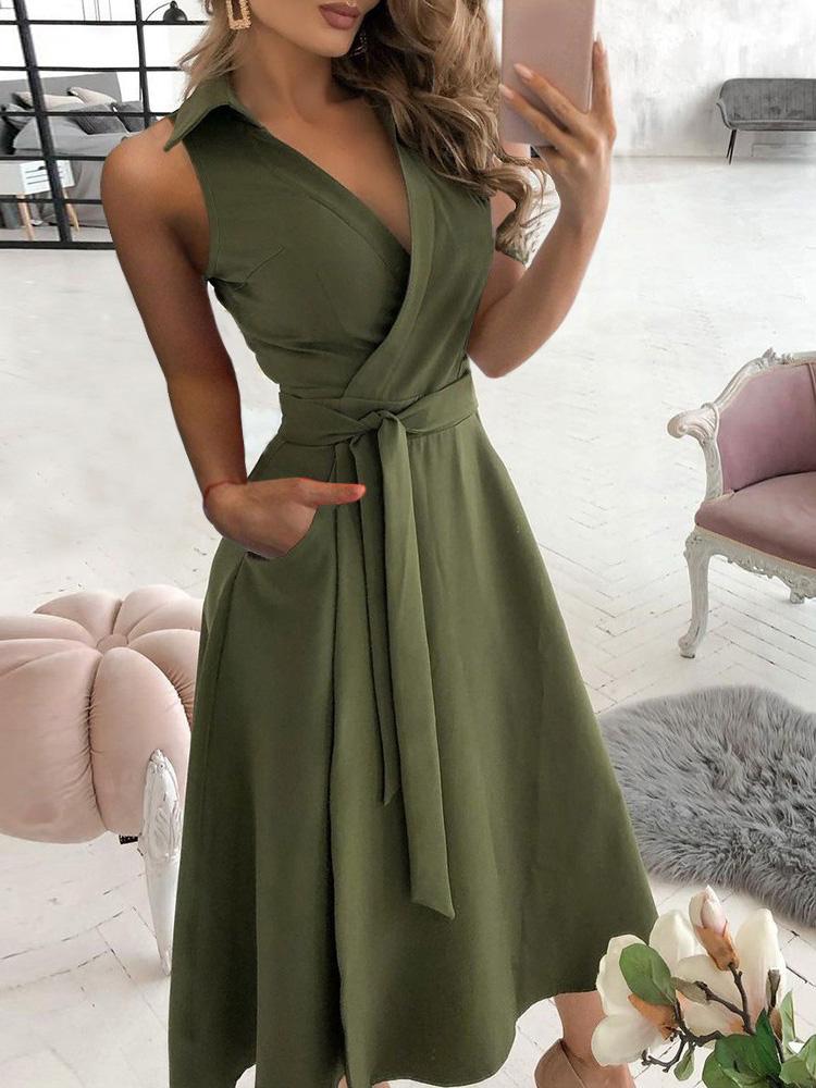 Pocket Design Sleeveless Wrap Shirt Dress With Belt - Midi Dresses - INS | Online Fashion Free Shipping Clothing, Dresses, Tops, Shoes - 30/04/2021 - Color_Army Green - Color_Blue
