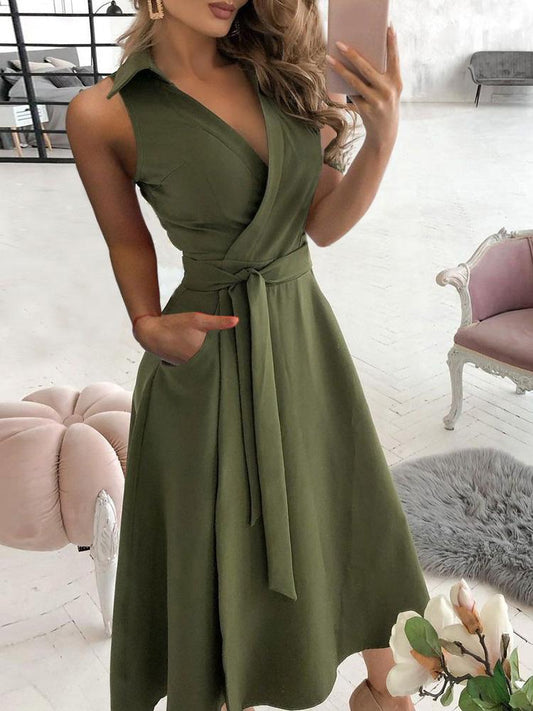 Pocket Design Sleeveless Wrap Shirt Dress With Belt - Midi Dresses - INS | Online Fashion Free Shipping Clothing, Dresses, Tops, Shoes - 30/04/2021 - Color_Army Green - Color_Blue