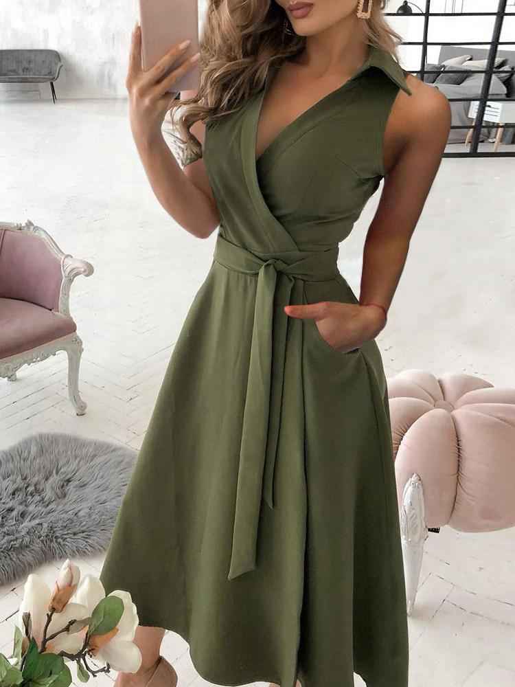 Pocket Design Sleeveless Wrap Shirt Dress With Belt - Midi Dresses - INS | Online Fashion Free Shipping Clothing, Dresses, Tops, Shoes - 30/04/2021 - Color_Army Green - Color_Blue