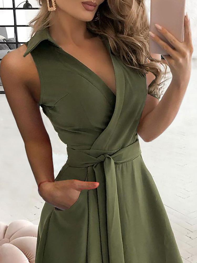 Pocket Design Sleeveless Wrap Shirt Dress With Belt - Midi Dresses - INS | Online Fashion Free Shipping Clothing, Dresses, Tops, Shoes - 30/04/2021 - Color_Army Green - Color_Blue