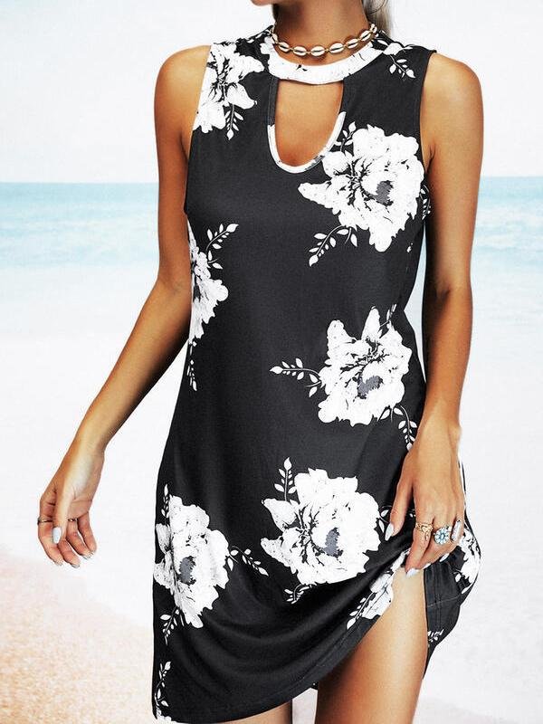 Pocket Print Round Neck Sleeveless Dress - Mini Dresses - INS | Online Fashion Free Shipping Clothing, Dresses, Tops, Shoes - 10/06/2021 - Color_Black - Color_White