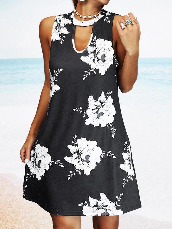 Pocket Print Round Neck Sleeveless Dress - Mini Dresses - INS | Online Fashion Free Shipping Clothing, Dresses, Tops, Shoes - 10/06/2021 - Color_Black - Color_White