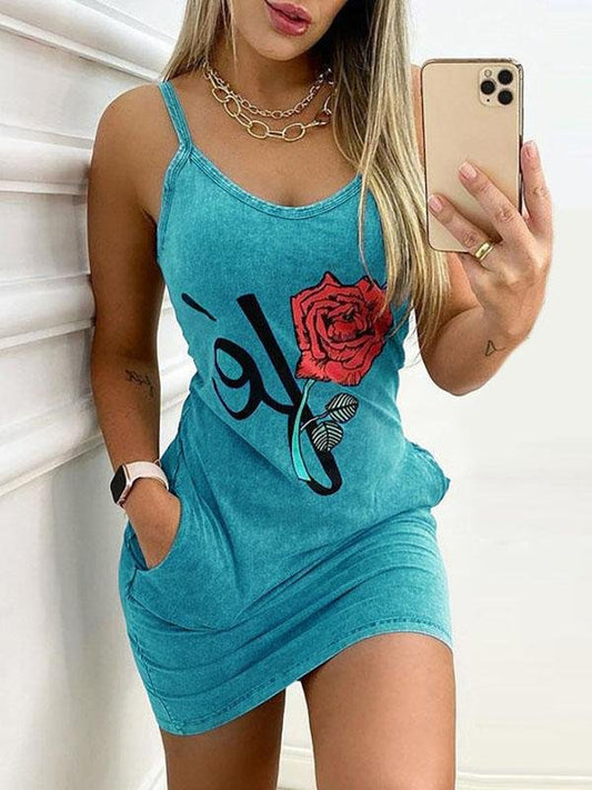 Pocket Rose Print Suspender Dress - Mini Dresses - INS | Online Fashion Free Shipping Clothing, Dresses, Tops, Shoes - 10-20 - 24/06/2021 - color-blue