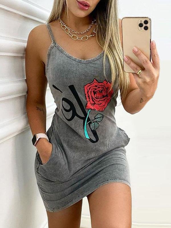 Pocket Rose Print Suspender Dress - Mini Dresses - INS | Online Fashion Free Shipping Clothing, Dresses, Tops, Shoes - 10-20 - 24/06/2021 - color-blue
