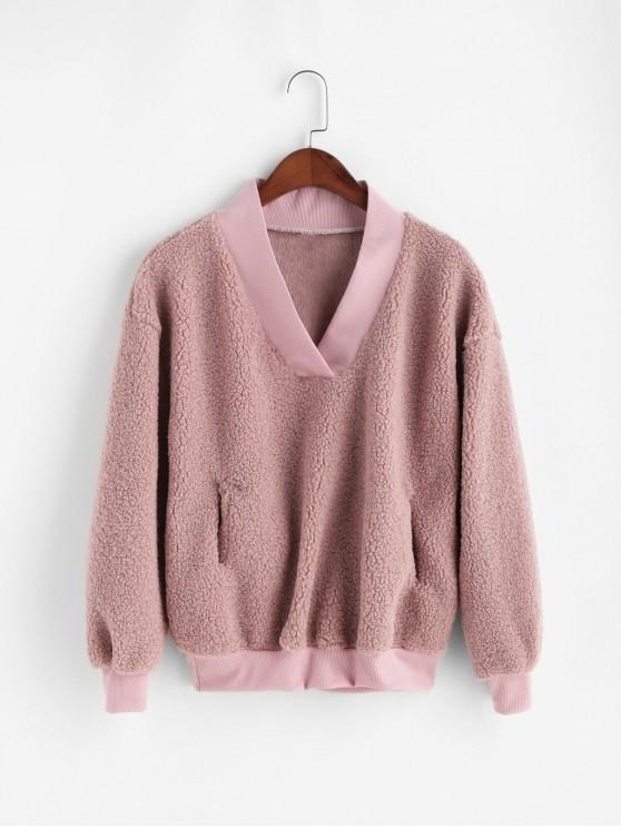 Pocket V Neck Drop Shoulder Fluffy Teddy Sweatshirt - INS | Online Fashion Free Shipping Clothing, Dresses, Tops, Shoes