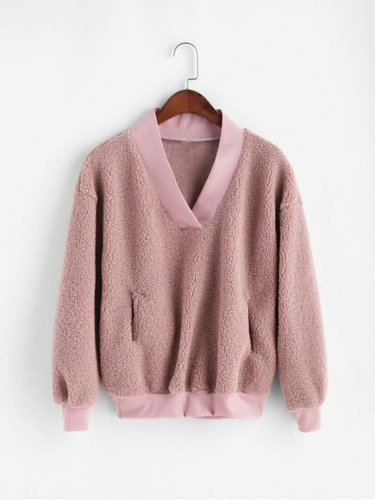 Pocket V Neck Drop Shoulder Fluffy Teddy Sweatshirt - INS | Online Fashion Free Shipping Clothing, Dresses, Tops, Shoes