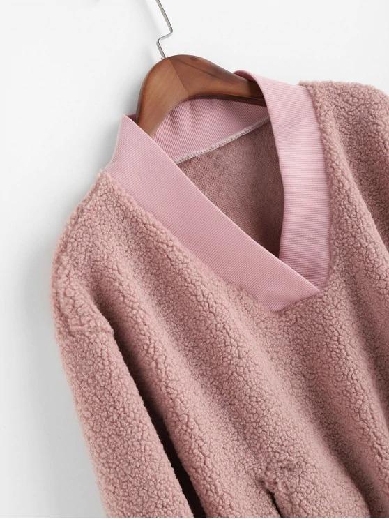 Pocket V Neck Drop Shoulder Fluffy Teddy Sweatshirt - INS | Online Fashion Free Shipping Clothing, Dresses, Tops, Shoes