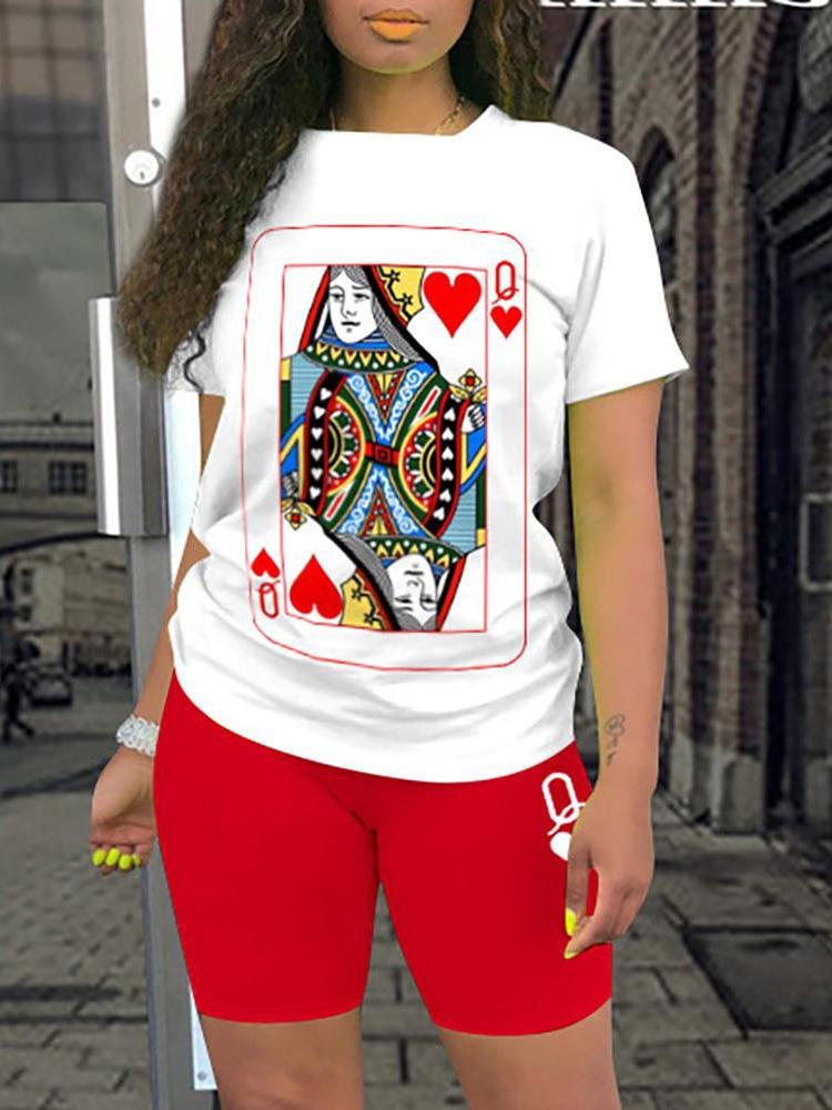 Poker Print Short Sleeve Top & Shorts Set - Two-piece Outfits - INS | Online Fashion Free Shipping Clothing, Dresses, Tops, Shoes - 05/05/2021 - Category_Two-piece Outfits - Color_Red