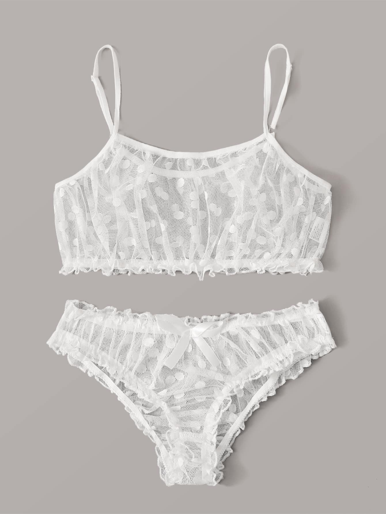 Polka Dot Mesh Frill Trim Lingerie Set - INS | Online Fashion Free Shipping Clothing, Dresses, Tops, Shoes