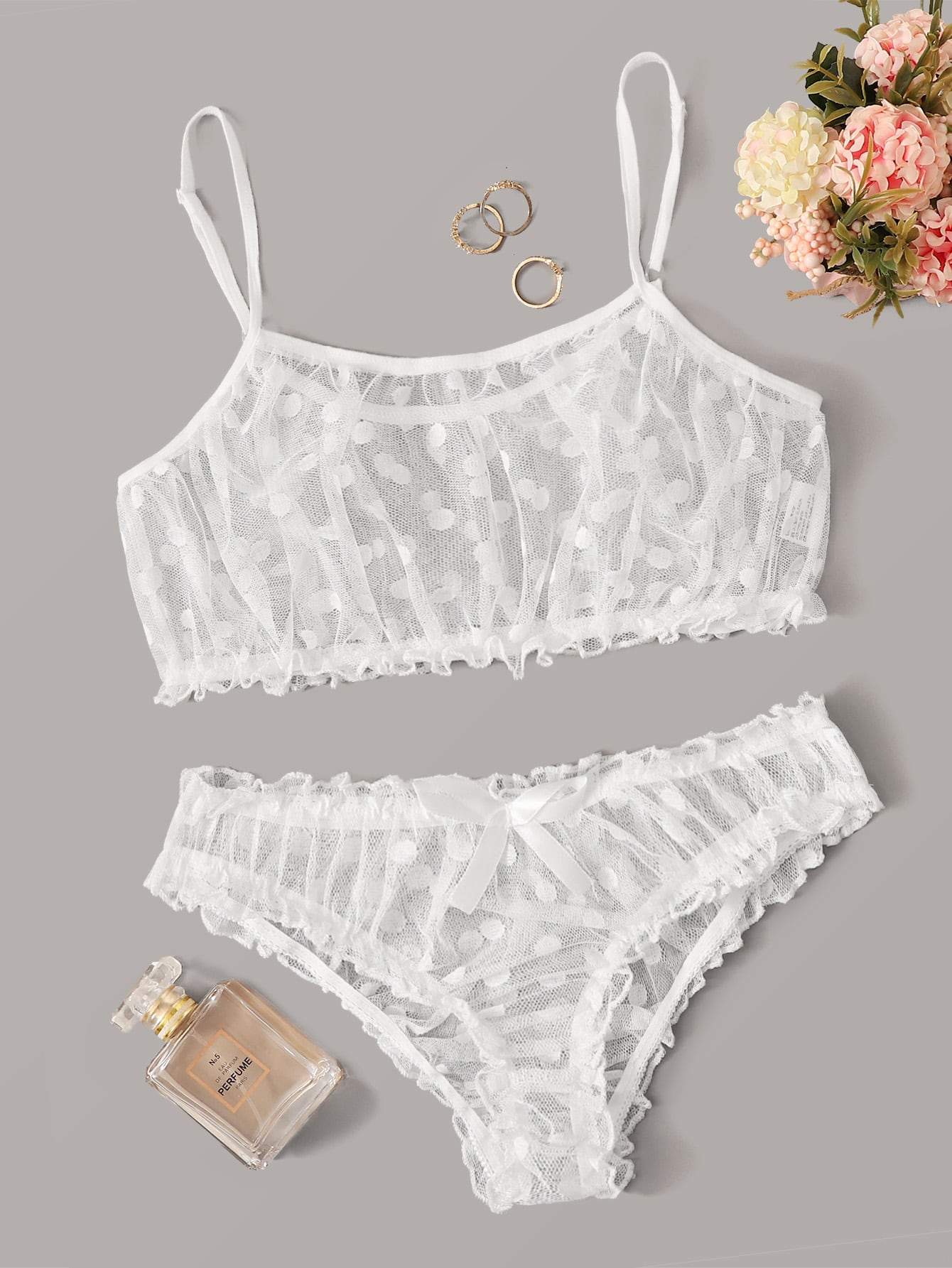 Polka Dot Mesh Frill Trim Lingerie Set - INS | Online Fashion Free Shipping Clothing, Dresses, Tops, Shoes