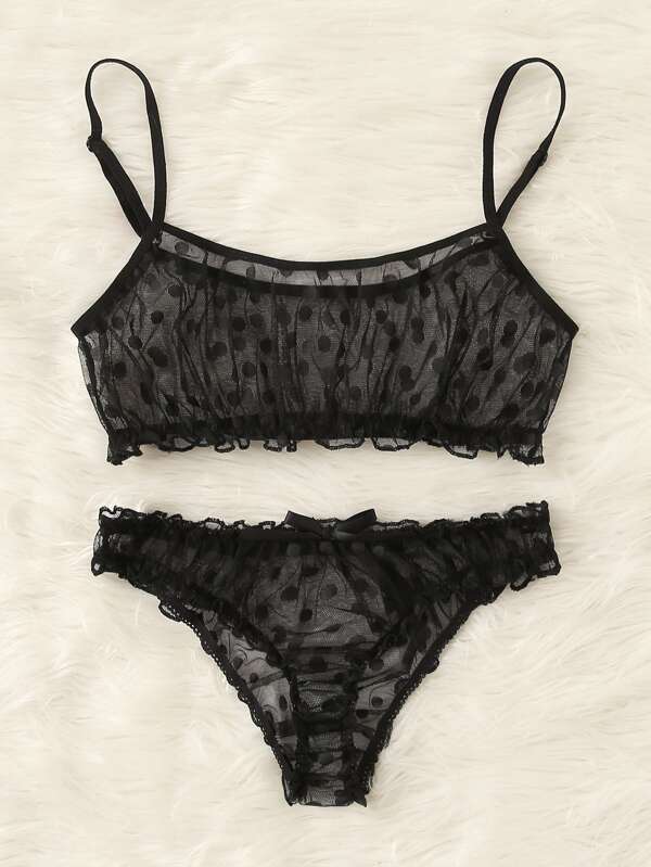 Polka Dot Mesh Frill Trim Lingerie Set - INS | Online Fashion Free Shipping Clothing, Dresses, Tops, Shoes