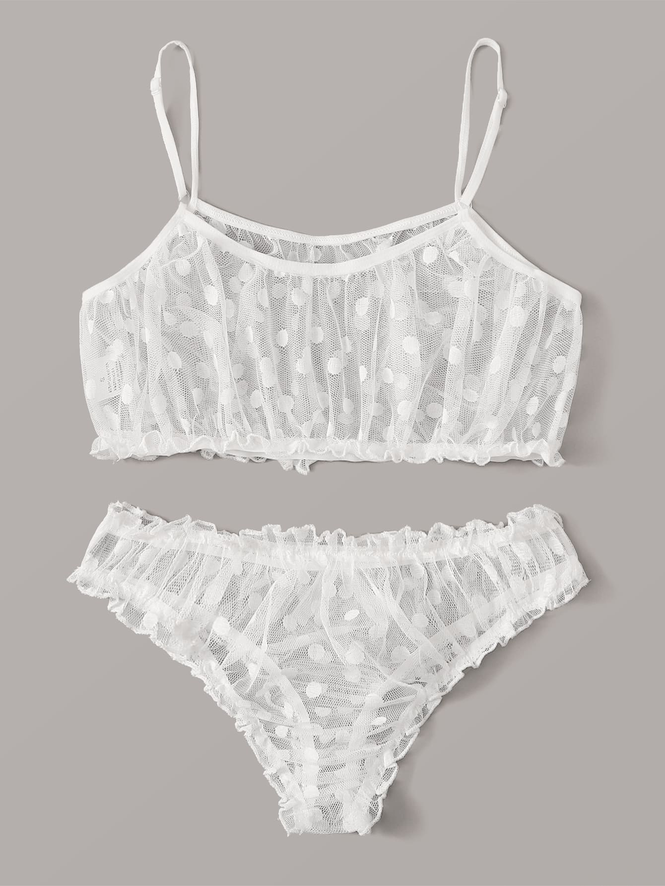 Polka Dot Mesh Frill Trim Lingerie Set - INS | Online Fashion Free Shipping Clothing, Dresses, Tops, Shoes