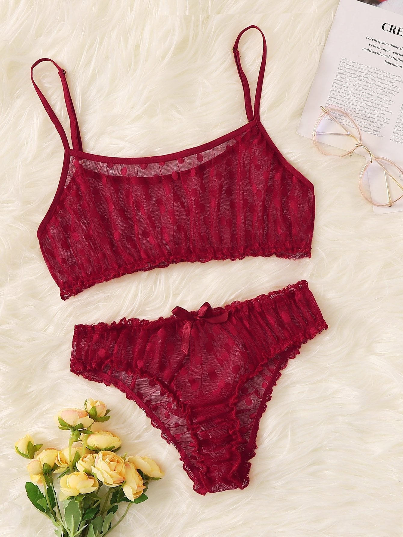 Polka Dot Mesh Frill Trim Lingerie Set - INS | Online Fashion Free Shipping Clothing, Dresses, Tops, Shoes