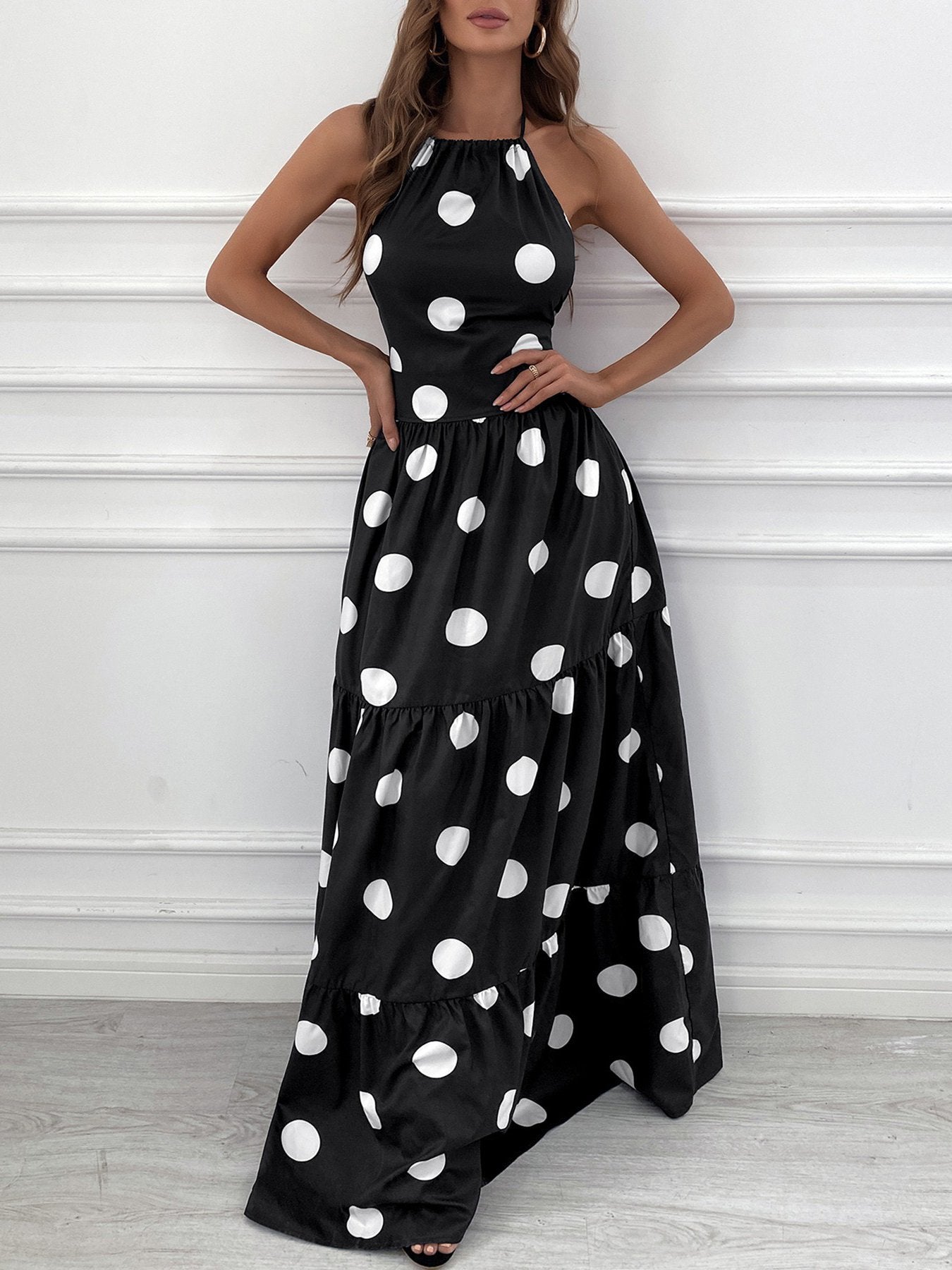 Polka Dot Print Halter Backless Ruched Maxi Dress - Maxi Dresses - INS | Online Fashion Free Shipping Clothing, Dresses, Tops, Shoes - 28/04/2021 - Category_Maxi Dresses - Color_Black