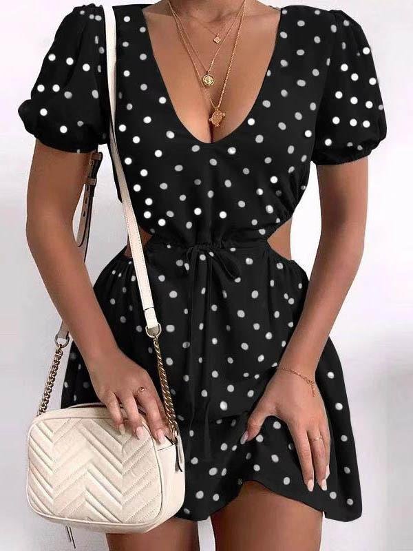 Polka Dot Print Hollow Waist Dress - Mini Dresses - INS | Online Fashion Free Shipping Clothing, Dresses, Tops, Shoes - 09/06/2021 - Color_Black - Color_Blue