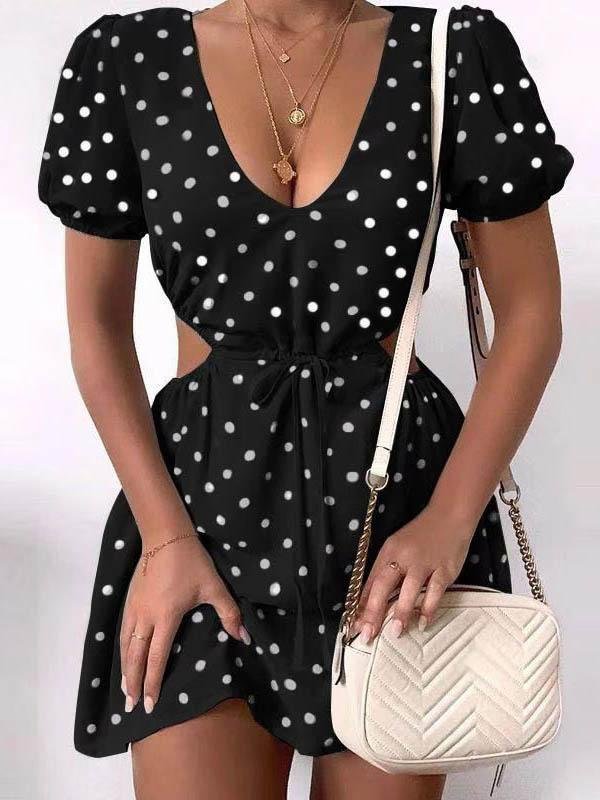 Polka Dot Print Hollow Waist Dress - Mini Dresses - INS | Online Fashion Free Shipping Clothing, Dresses, Tops, Shoes - 09/06/2021 - Color_Black - Color_Blue