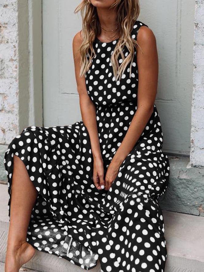 Polka Dot Print Round Neck Casual Dress - Maxi Dresses - INS | Online Fashion Free Shipping Clothing, Dresses, Tops, Shoes - 11/06/2021 - Category_Maxi Dresses - Color_Black
