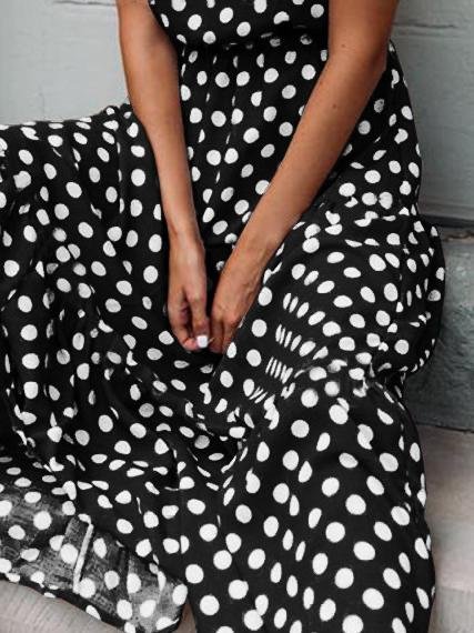 Polka Dot Print Round Neck Casual Dress - Maxi Dresses - INS | Online Fashion Free Shipping Clothing, Dresses, Tops, Shoes - 11/06/2021 - Category_Maxi Dresses - Color_Black