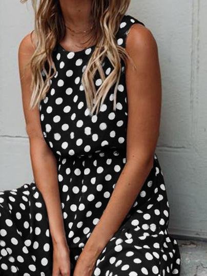 Polka Dot Print Round Neck Casual Dress - Maxi Dresses - INS | Online Fashion Free Shipping Clothing, Dresses, Tops, Shoes - 11/06/2021 - Category_Maxi Dresses - Color_Black