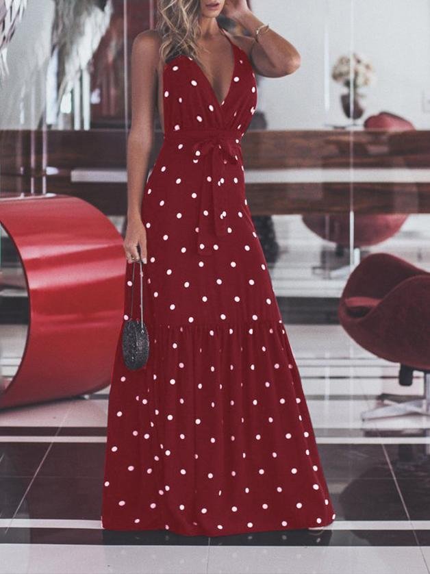 Polka Dot Print Ruffled Belt Dress - Maxi Dresses - INS | Online Fashion Free Shipping Clothing, Dresses, Tops, Shoes - 03/07/2021 - 20-30 - color-black