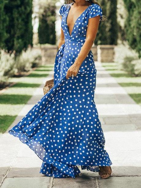 Polka-Dot Short Sleeve Deep V-Neck Slit Beach Dress - Maxi Dresses - INS | Online Fashion Free Shipping Clothing, Dresses, Tops, Shoes - 02/07/2021 - 30-40 - Category_Maxi Dresses