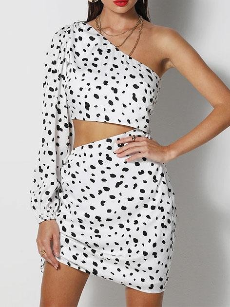 Polka Dot Slant Shoulder Fashion Drawstring Dress - Mini Dresses - INS | Online Fashion Free Shipping Clothing, Dresses, Tops, Shoes - 13/07/2021 - 20-30 - color-white