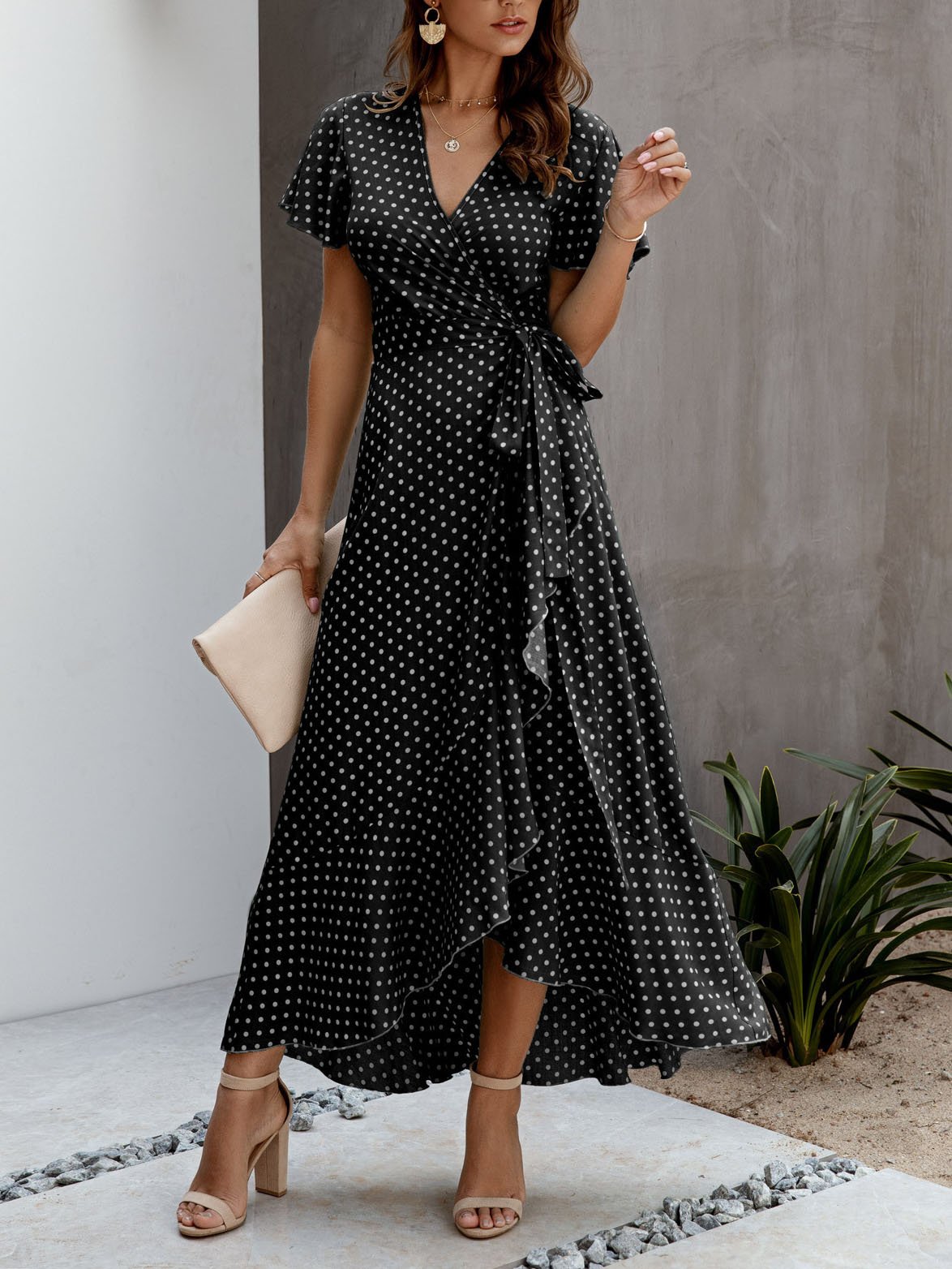 Polka-dot V-neck Ruffled Short-sleeved Princess Dress - Maxi Dresses - INS | Online Fashion Free Shipping Clothing, Dresses, Tops, Shoes - 20-30 - 23/07/2021 - color-black