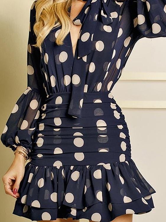 Polka Dot V-Neck Slim Pleated Long Sleeve Dress - Mini Dresses - INS | Online Fashion Free Shipping Clothing, Dresses, Tops, Shoes - 17/06/2021 - 40-50 - Category_Mini Dresses