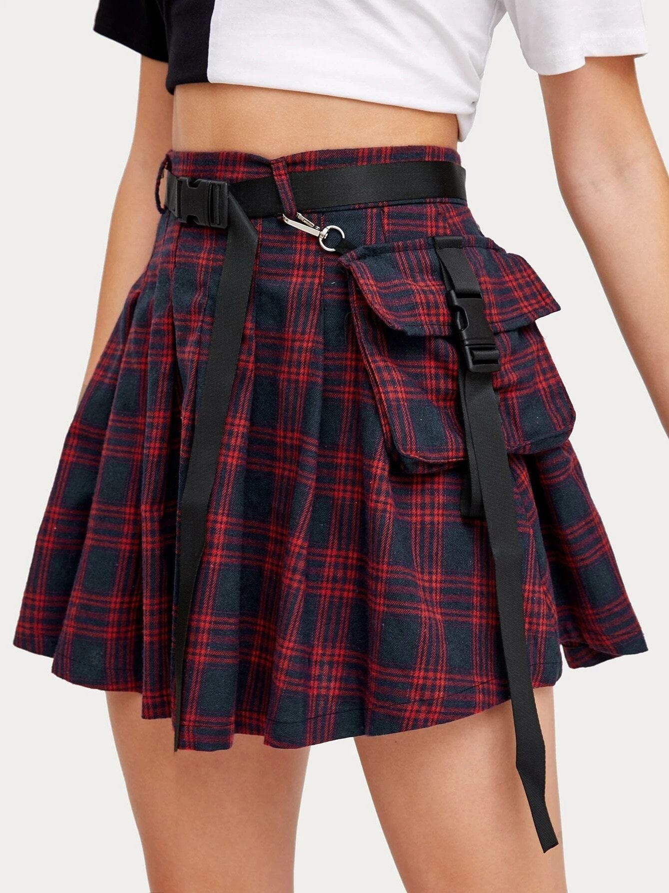 Pouch Side Belted Tartan Skirt - Skirts - INS | Online Fashion Free Shipping Clothing, Dresses, Tops, Shoes - 03/02/2021 - Black - Color_Black