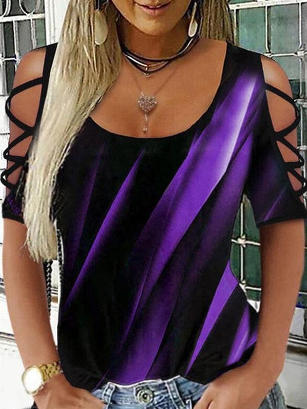 Print Cold Shoulder 1/2 Sleeves Casual T-shirt - Tank Tops - INS | Online Fashion Free Shipping Clothing, Dresses, Tops, Shoes - 18/05/2021 - Color_Green - Color_Purple