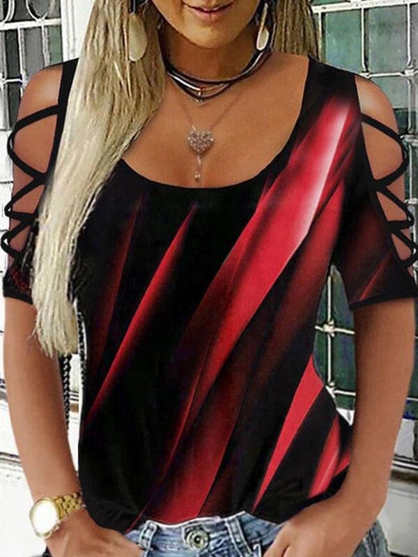 Print Cold Shoulder 1/2 Sleeves Casual T-shirt - Tank Tops - INS | Online Fashion Free Shipping Clothing, Dresses, Tops, Shoes - 18/05/2021 - Color_Green - Color_Purple