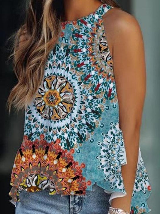 Print Halterneck Sleeveless Pleated Tank Top - Tank Tops - INS | Online Fashion Free Shipping Clothing, Dresses, Tops, Shoes - 05/07/2021 - 20-30 - color-blue