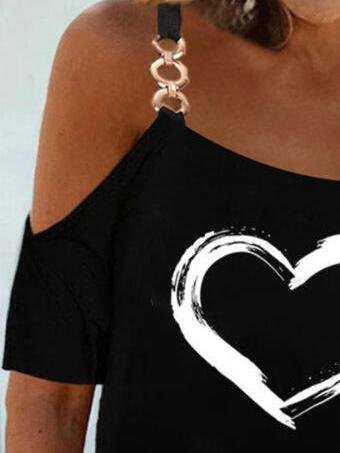 Print Heart Cold Shoulder Short Sleeves T-shirts - T-shirts - INS | Online Fashion Free Shipping Clothing, Dresses, Tops, Shoes - 10-20 - 22/06/2021 - color-black